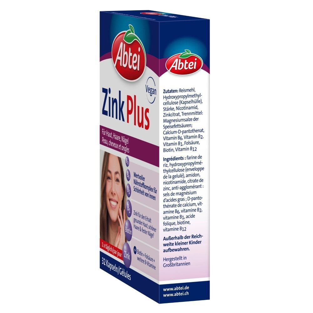 ABTEI Zink Plus Verpackung, Seitenansicht. Enthält Zutatenliste und Produktinformationen. Vegan-Siegel.