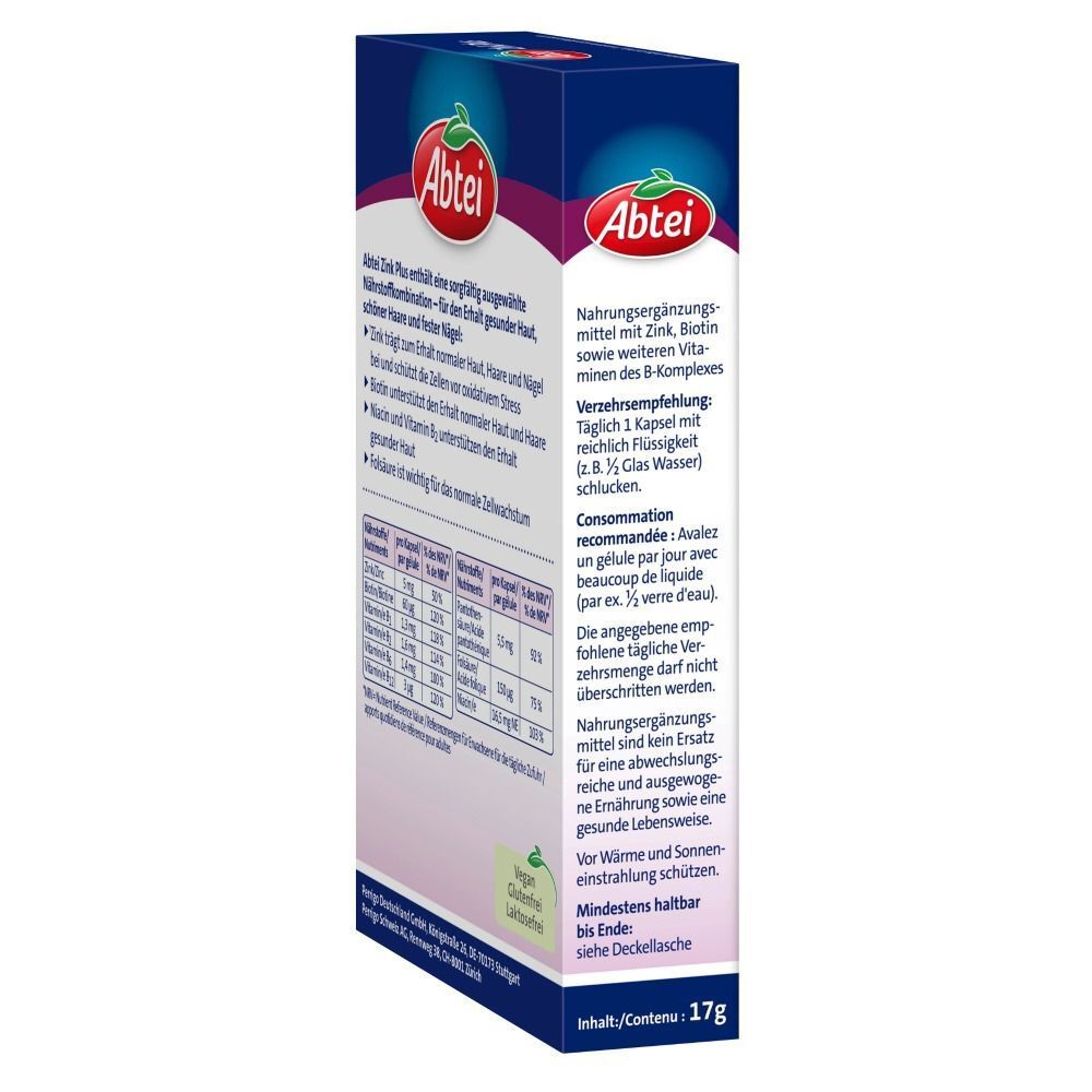 ABTEI Zink Plus Verpackung, Seitenansicht. Enthält Verzehrempfehlung und Nährwertangaben. Vegan-Siegel.