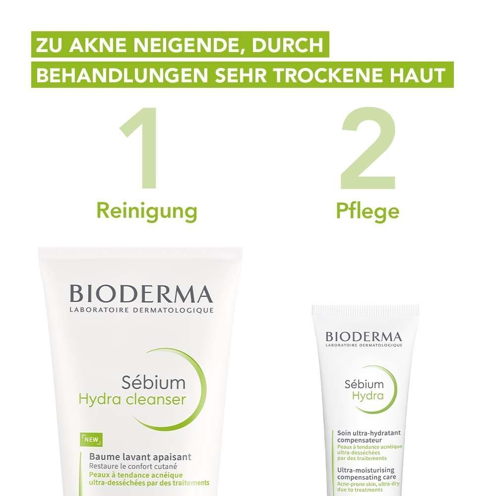 Zwei Produkte: BIODERMA Sébium Hydra Cleanser und eine kleinere Tube. Text: Zu Akne neigende, durch Behandlungen sehr trockene Haut.