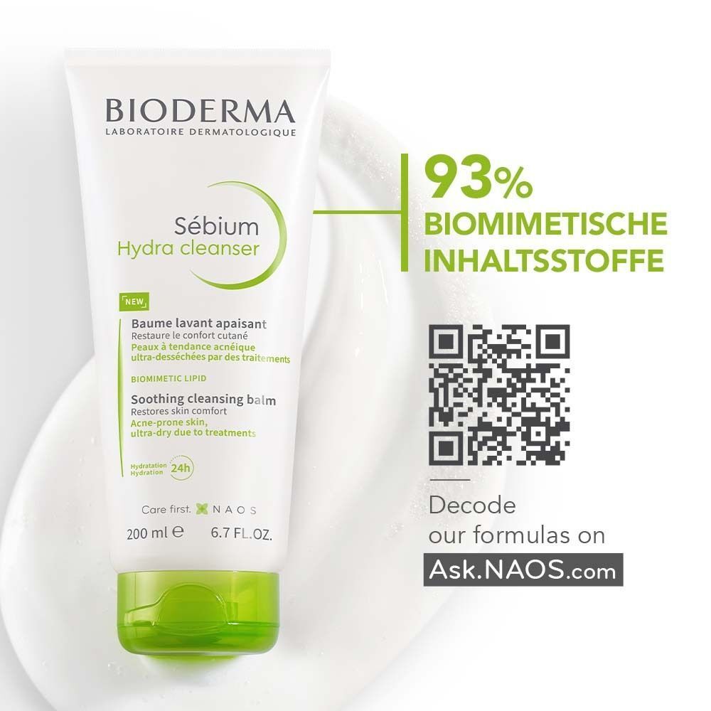BIODERMA Sébium Hydra Cleanser Tube und Schaum. Text: 93% biomimetische Inhaltsstoffe. QR-Code zum Scannen.