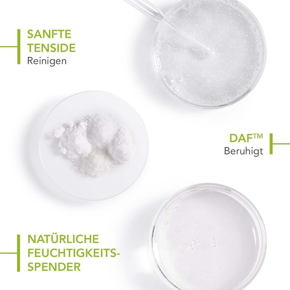 Drei transparente Flüssigkeiten in Behältern. Text: Sanfte Tenside, DAF beruhigt, natürliche Feuchtigkeitsspender.