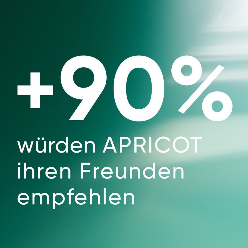 Text auf grünem Hintergrund: +90% würden APRICOT ihren Freunden empfehlen.