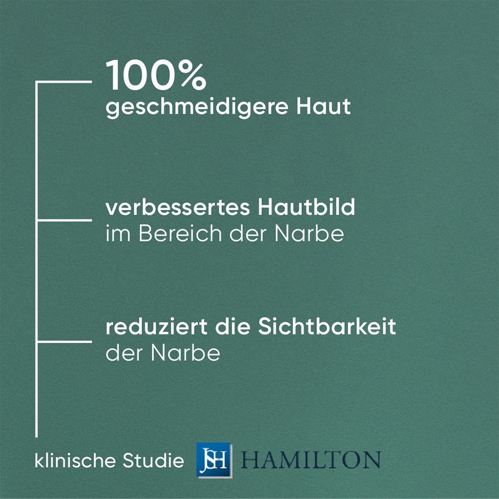 Text auf grünem Hintergrund: 100% geschmeidigere Haut, verbessertes Hautbild im Bereich der Narbe, reduziert die Sichtbarkeit der Narbe.