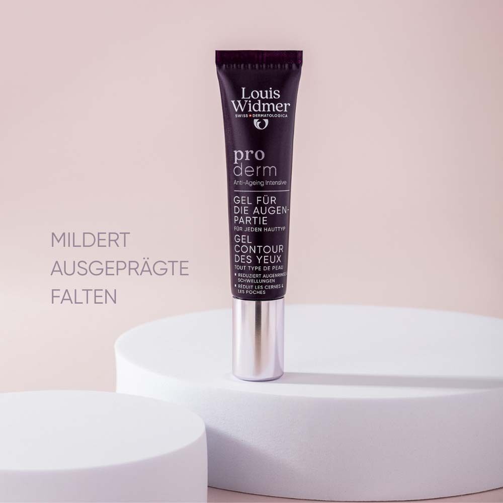 Tube Gel f.d. Augenpartie. Dunkelblaue Tube mit silbernem Verschluss. Text: Louis Widmer, pro derm, Gel Contour des yeux. Text: Mildert ausgeprägte Falten.
