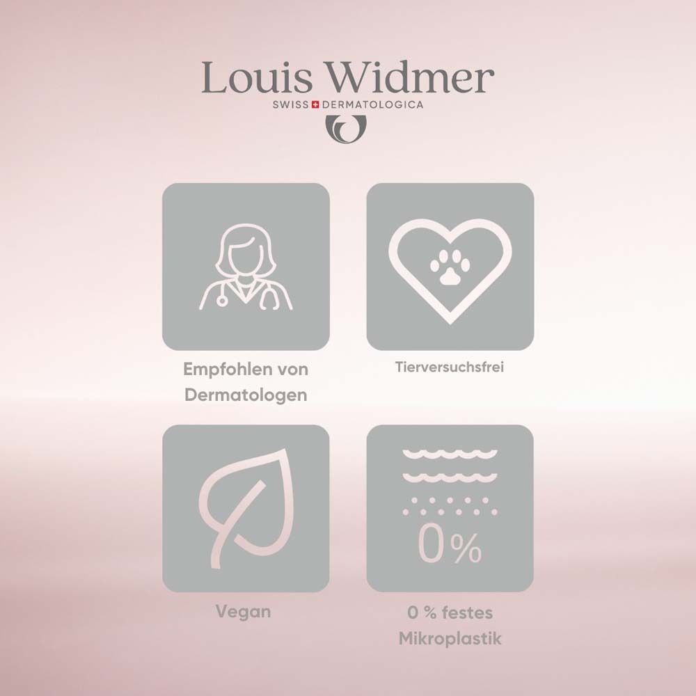 Logo Louis Widmer. Grafiken: Empfohlen von Dermatologen, Tierversuchsfrei, Vegan, 0% festes Mikroplastik.