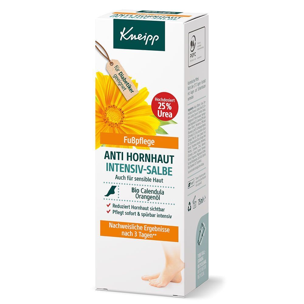 Produktverpackung. Aufschrift: Anti Hornhaut Intensiv-Salbe. Mit 25% Urea. Fußpflege. Bio Calendula Orangenöl. Für Diabetiker geeignet.
