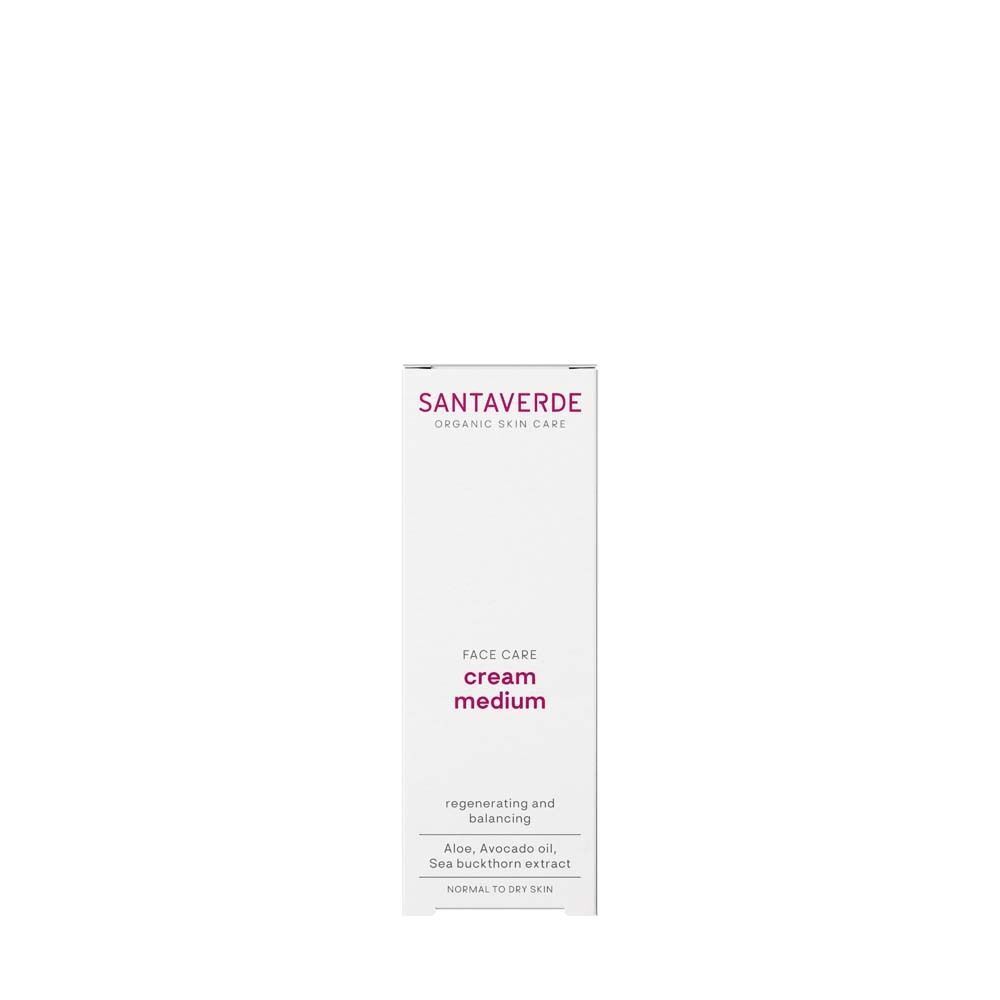 Verpackung von SANTAVERDE Creme medium. Weißer Karton mit lila Schriftzug. Aufschrift: FACE CARE cream medium. Für normale bis trockene Haut.