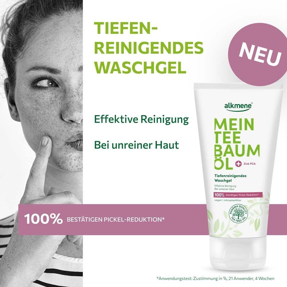 Frau mit Hautunreinheiten. Daneben Tube Waschgel. Text: Mein Teebaumöl, Zink PCA, Tiefenreinigendes Waschgel. Neu.