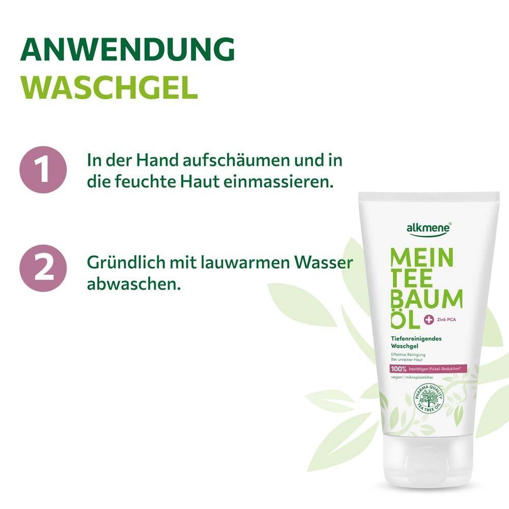 Anwendung Waschgel. 2 Schritte: Aufschäumen und einmassieren, gründlich abwaschen. Daneben Tube Waschgel.