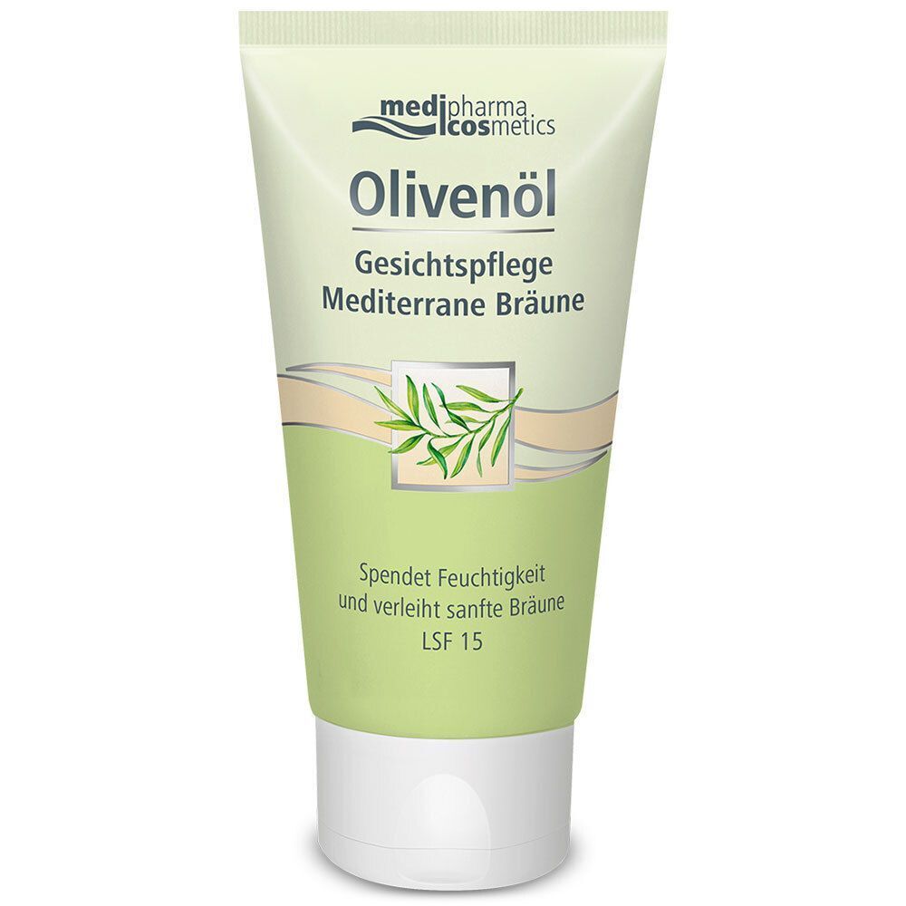 Creme-Tube mit grüner Aufschrift: Olivenöl Gesichtspflege Mediterrane Bräune. Mit Logo und Zweig-Illustration. LSF 15.