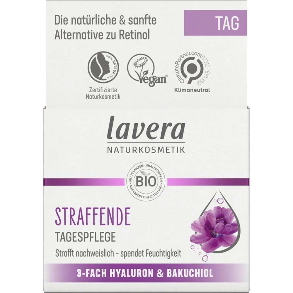 Verpackung LAVERA straffende Tagespflege. Aufschrift: Straffende Tagespflege, 3-fach Hyaluron & Bakuchiol. Vegan-Siegel, Bio-Siegel.