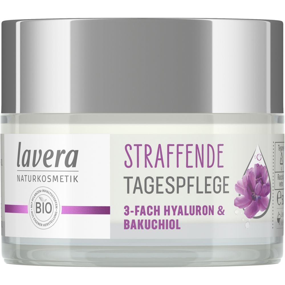 Tiegel LAVERA straffende Tagespflege. Aufschrift: Straffende Tagespflege, 3-fach Hyaluron & Bakuchiol. Bio-Siegel. Cremetiegel mit silbernem Deckel.