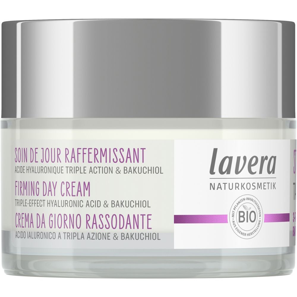 Tiegel LAVERA straffende Tagespflege. Aufschrift: Firming Day Cream, 3-fach Hyaluron & Bakuchiol. Bio-Siegel. Cremetiegel mit silbernem Deckel.