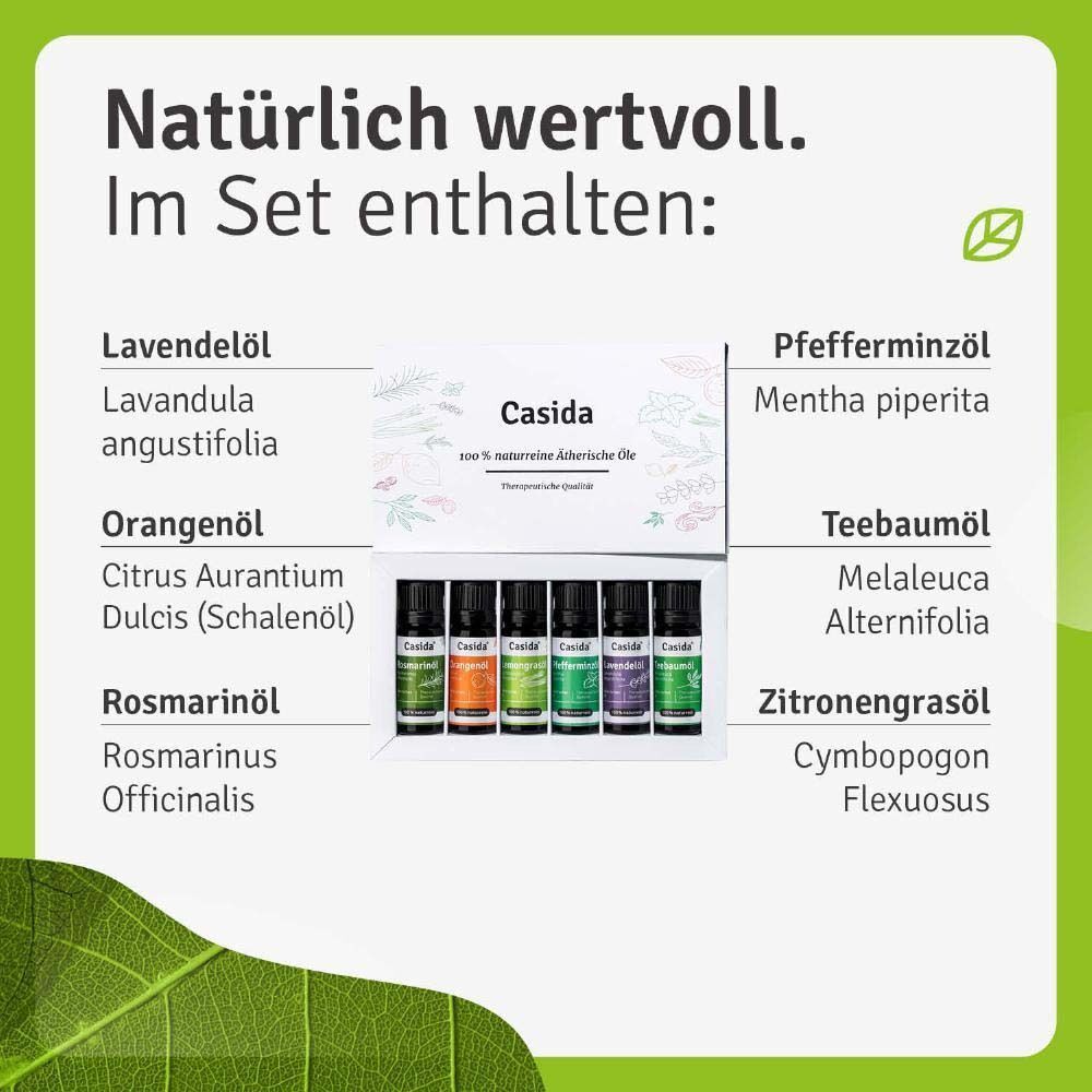 Produkt-Set Casida® ätherische Öle. Enthält Lavendel-, Orangen-, Rosmarin-, Pfefferminz-, Teebaum- und Zitronengrasöl. Aufdruck: Casida.