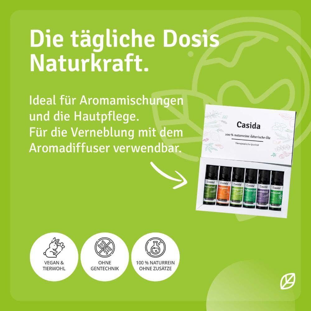 Produkt-Set Casida® ätherische Öle. 7 Fläschchen in einer Schachtel. Aufdruck: Casida, 100 % naturrein. Logos: Vegan, ohne Gentechnik.