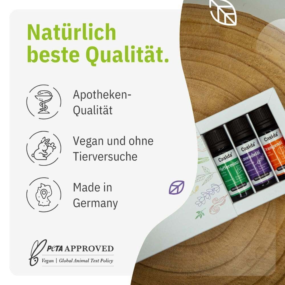 Produkt-Set Casida® ätherische Öle. 3 Fläschchen in einer Schachtel. Logos: Apotheken-Qualität, Vegan, Made in Germany, PETA Approved.