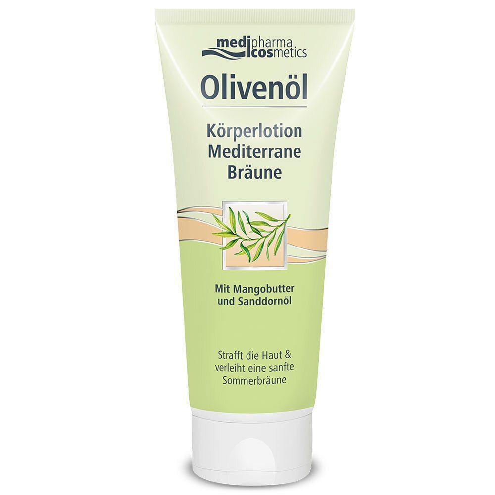 Grüne Tube Olivenöl-Körperlotion. Aufschrift: Mediterrane Bräune. Mit Mangobutter und Sanddornöl. Weiße Kappe.
