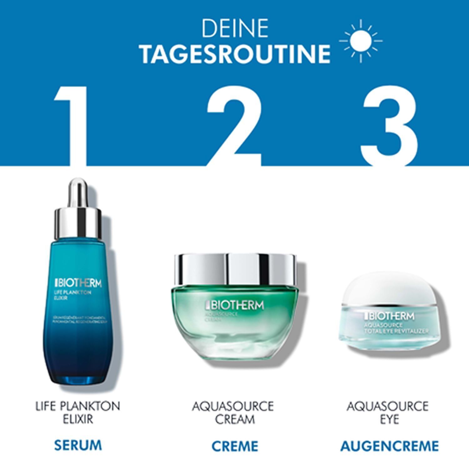 Drei Produkte: Life Plankton Elixir Serum, Aquasource Creme und Aquasource Eye Augencreme. Auf blauem Hintergrund.