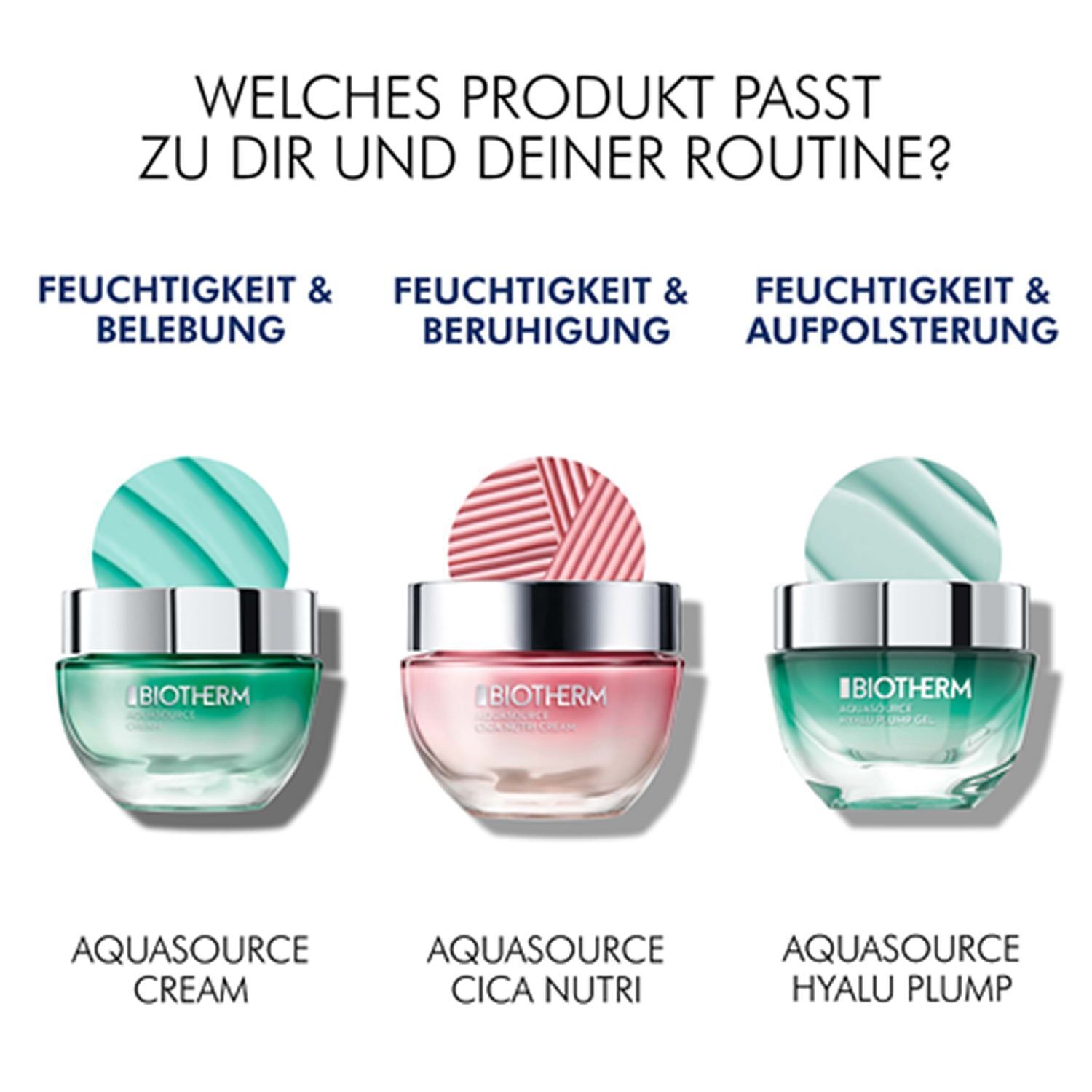 Drei Tiegel: Aquasource Creme, Aquasource Cica Nutri und Aquasource Hyalu Plump. Auf blauem Hintergrund.
