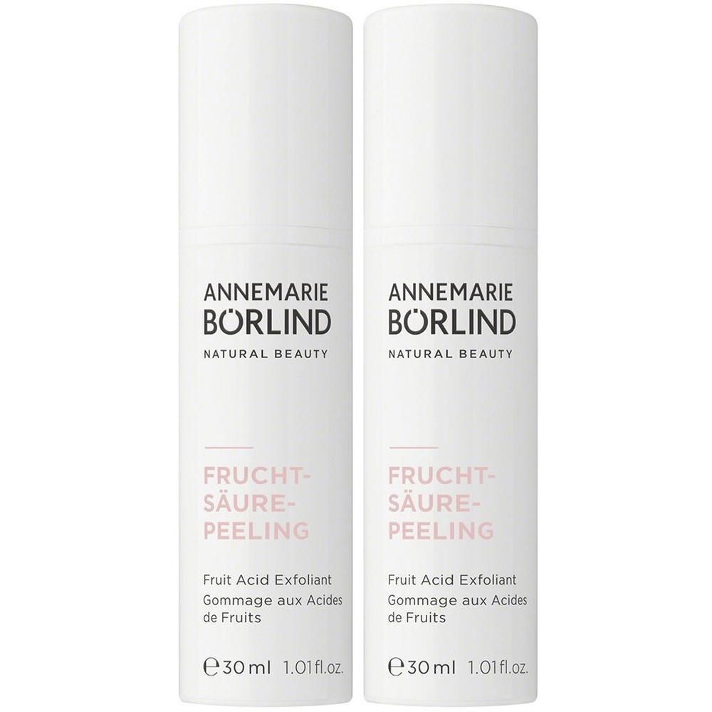 Zwei weiße Spenderflaschen mit ANNEMARIE BÖRLIND FRUCHT-SÄURE-PEELING, je 30ml.