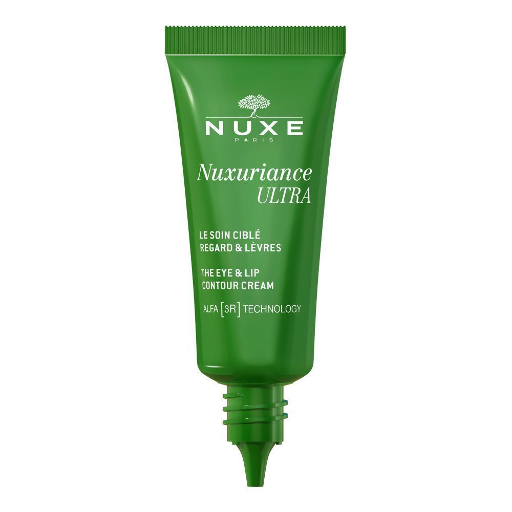 Grüne Tube mit goldfarbenem Verschluss. Aufschrift: NUXE, Nuxuriance ULTRA, Augen- & Lippenkonturenpflege.