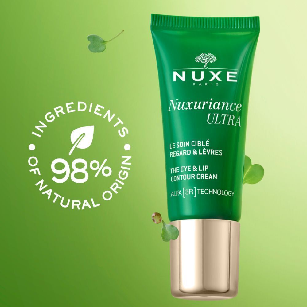Grüne Tube mit goldfarbenem Verschluss. Aufschrift: NUXE, Nuxuriance ULTRA, Augen- & Lippenkonturenpflege. 98% Inhaltsstoffe natürlichen Ursprungs.
