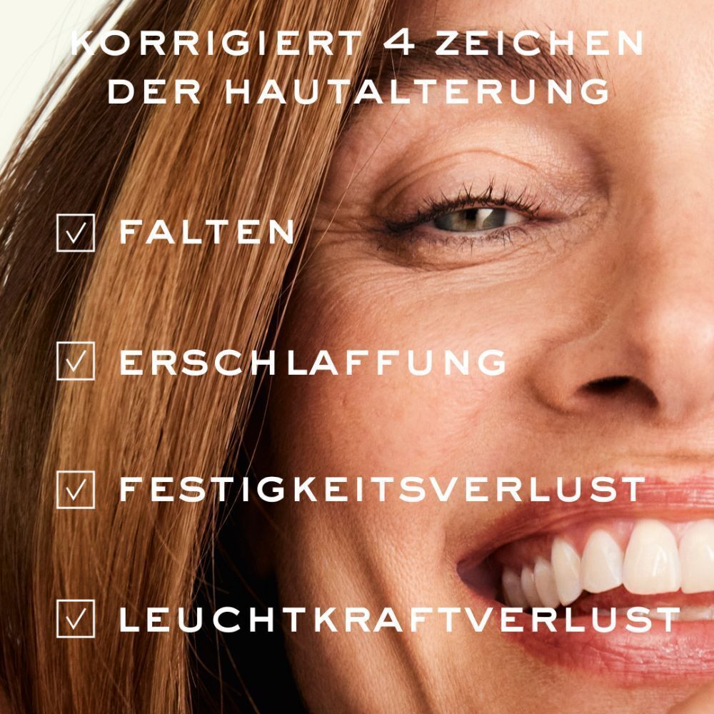 Nahaufnahme eines lächelnden Gesichts. Markierungen: Falten, Erschlaffung, Festigkeitsverlust, Leuchtkraftverlust.