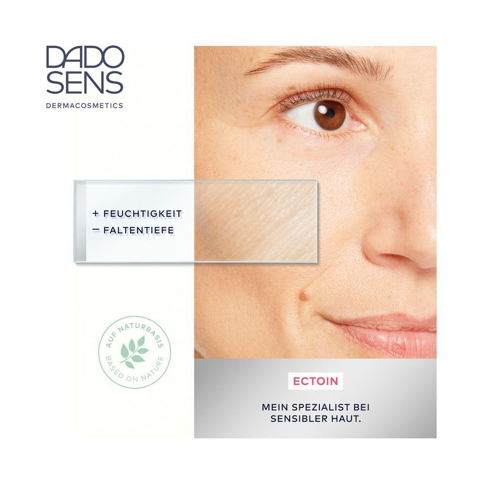 Nahaufnahme Gesichtshaut mit DADO SENS ECOTIN Anti-Aging-Fluid, Feuchtigkeit, Faltenreduktion.