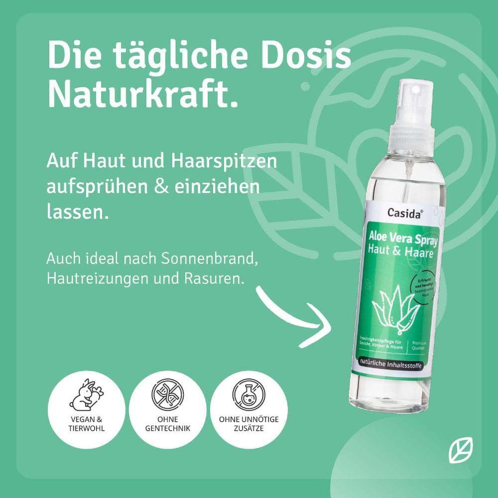 ALOE VERA SPRAY Haut & Haare Flasche. Text: Die tägliche Dosis Naturkraft. Vegan, ohne Gentechnik, ohne unnötige Zusätze.