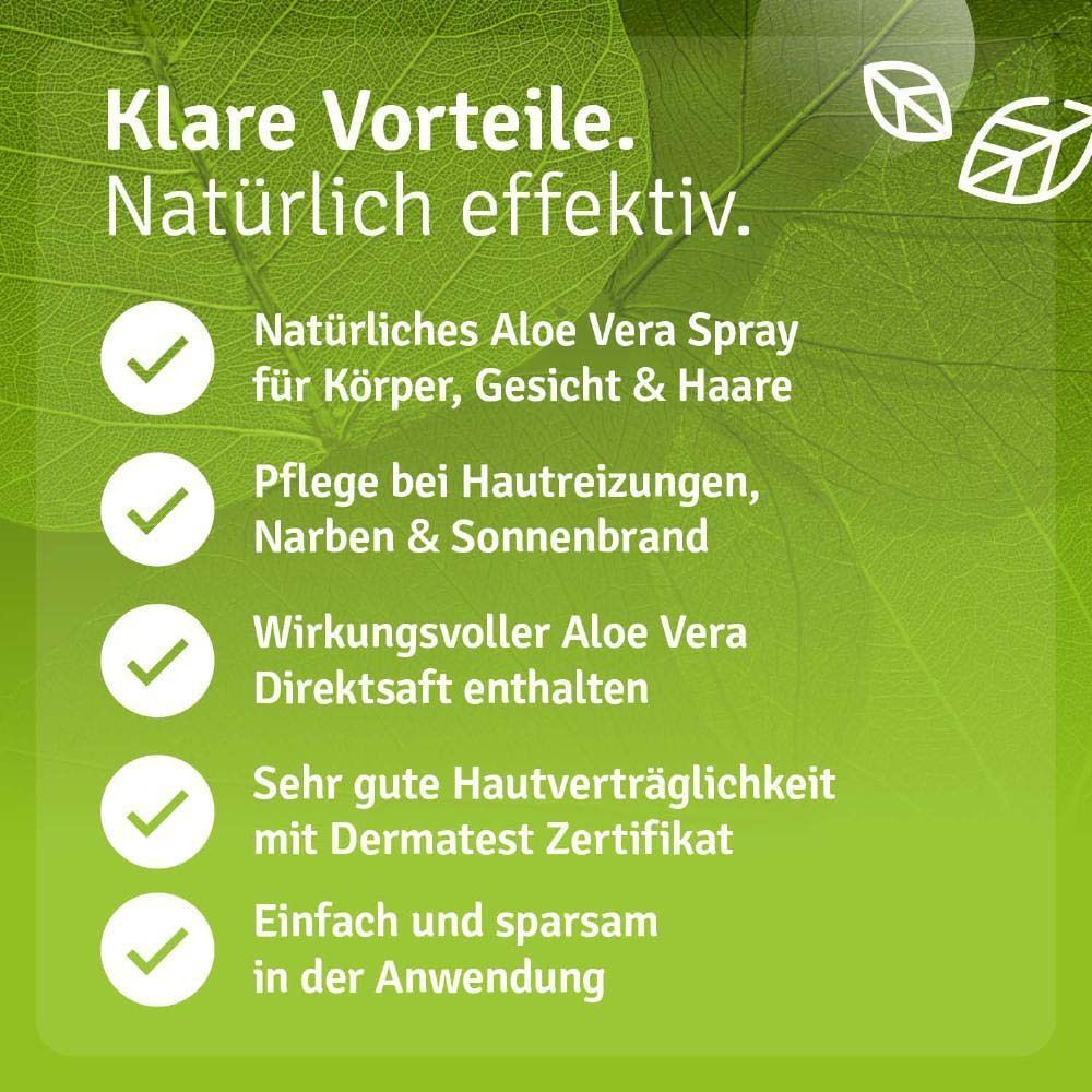 ALOE VERA SPRAY Haut & Haare Flasche. Text: Klare Vorteile. Natürlich effektiv. Für Körper, Gesicht & Haare, bei Hautreizungen, Narben & Sonnenbrand.