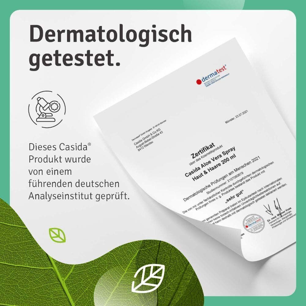 Dermatologisch getestet. Zertifikat über dermatologische Prüfungen am Menschen. Casida Aloe Vera Spray Haut & Haare 200 ml.