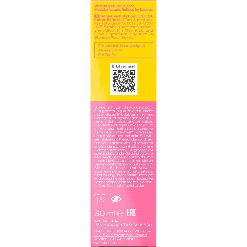 Text auf rosa Hintergrund. Informationen zu Sonnenschutz, Inhaltsstoffen, QR-Code und 30 ml. Hergestellt in Deutschland.