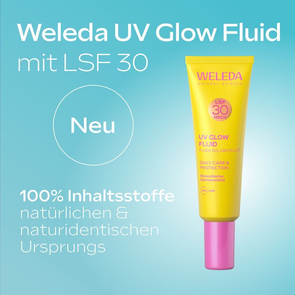 Gelbe Tube mit rosa Verschluss. Aufdruck: Weleda, UV Glow Fluid mit LSF 30. Text: Neu, 100% Inhaltsstoffe natürlichen Ursprungs.
