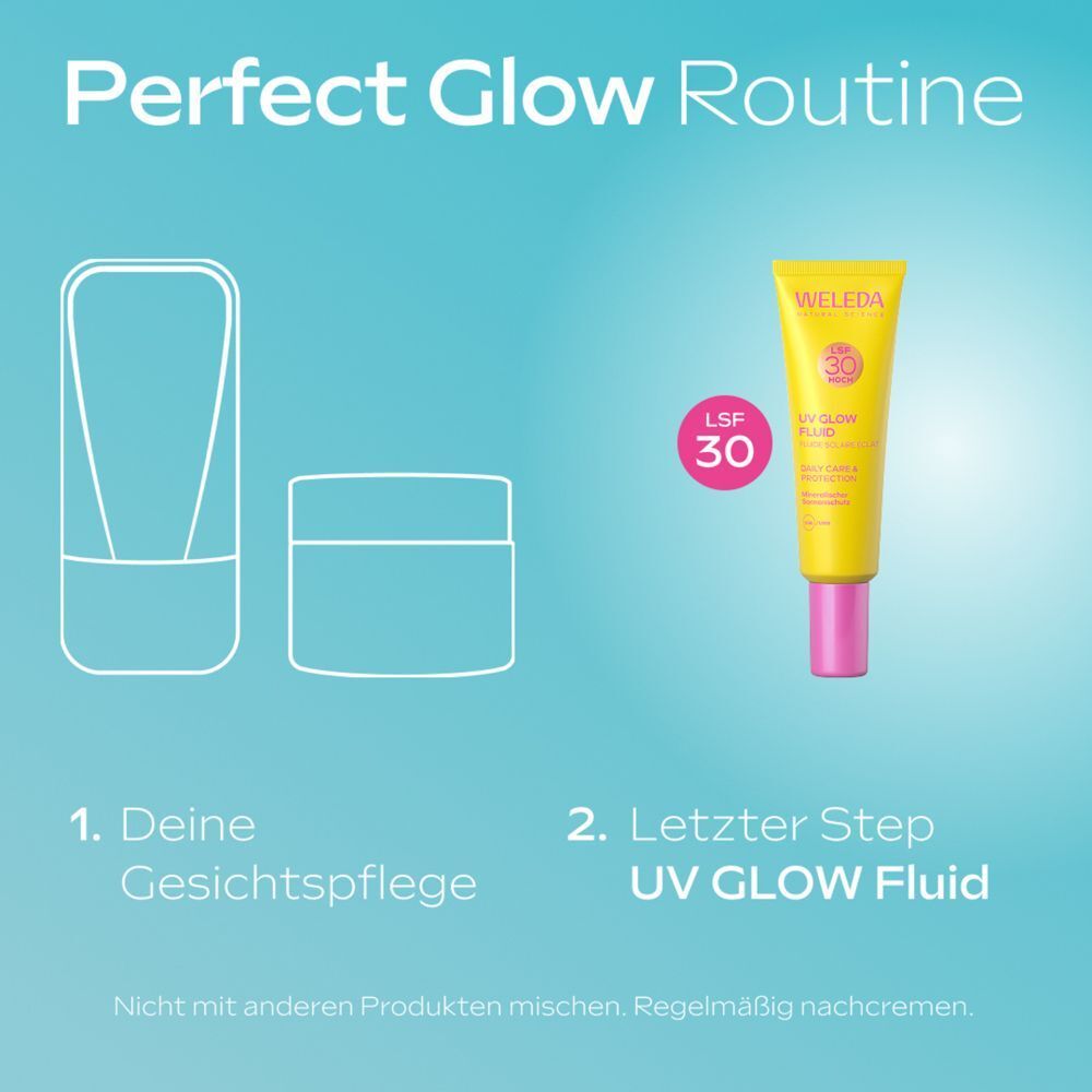 Illustration einer Gesichtspflege-Routine. Produkte: Gesichtspflege und UV Glow Fluid mit LSF 30.