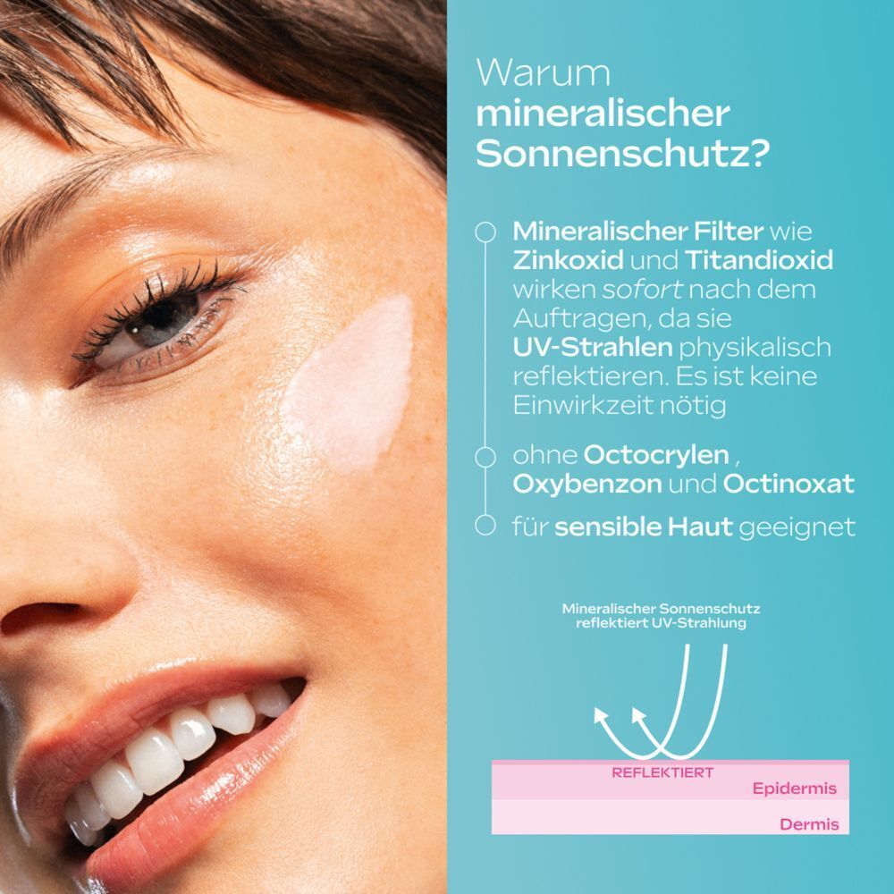 Nahaufnahme eines Gesichts. Text: Warum mineralischer Sonnenschutz? Mineralischer Filter, ohne Octocrylen, für sensible Haut.
