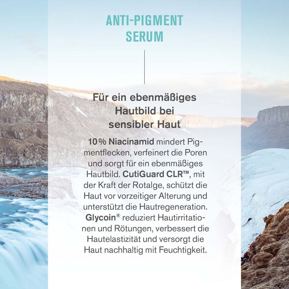 Text-Infografik. Anti-Pigment Serum für ebenmäßiges Hautbild. Inhaltsstoffe: 10% Niacinamid, CutiGuard CLR™, Glycoin.