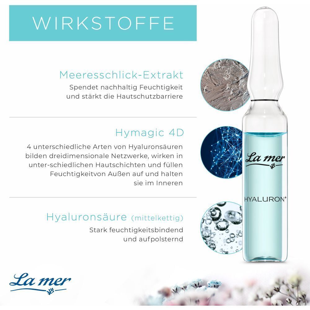 Eine Glasampulle mit blauer Flüssigkeit. Text: "La mer HYALURON". Grafiken zeigen Inhaltsstoffe und deren Wirkung.