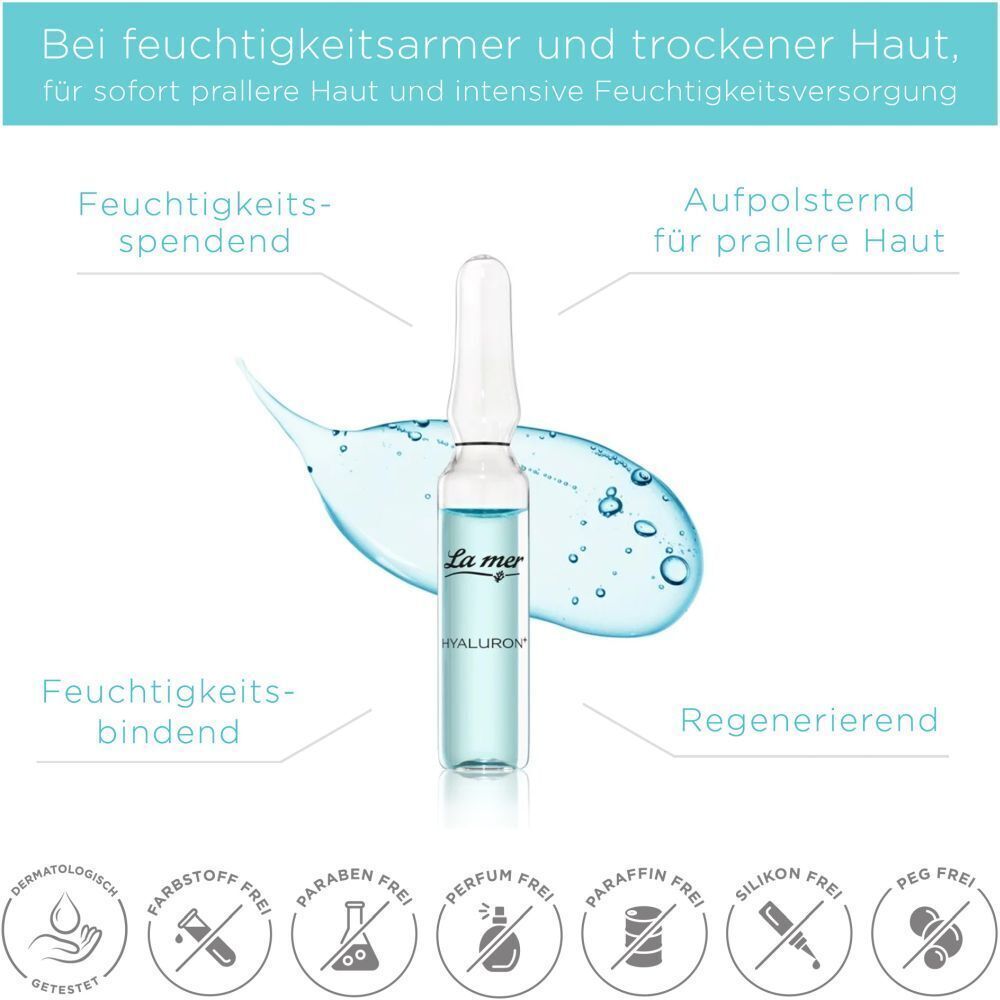 Eine Glasampulle mit blauer Flüssigkeit. Text: "La mer HYALURON". Grafiken zeigen Vorteile: feuchtigkeitsspendend, bindend, regenerierend.