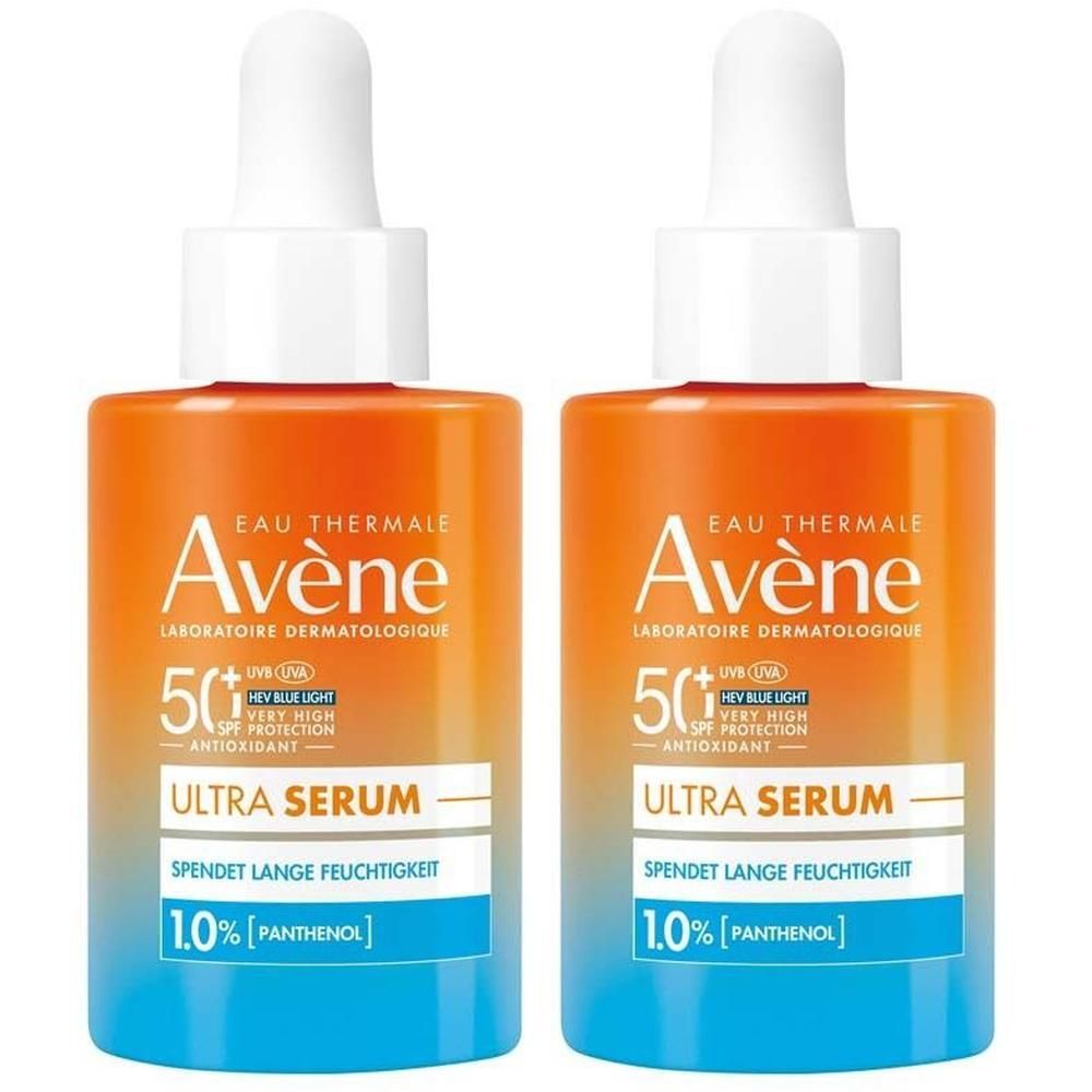 Zwei Flaschen AVENE Ultra Serum SPF 50+. Orange-weiß-blaue Flaschen mit Pipetten. Text: Ultra Serum, 1.0% Panthenol.