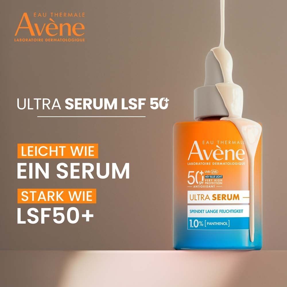 AVENE Ultra Serum SPF 50+ Flasche mit Serum. Text: Ultra Serum, LSF 50+, Spendet lange Feuchtigkeit, 1.0% Panthenol.