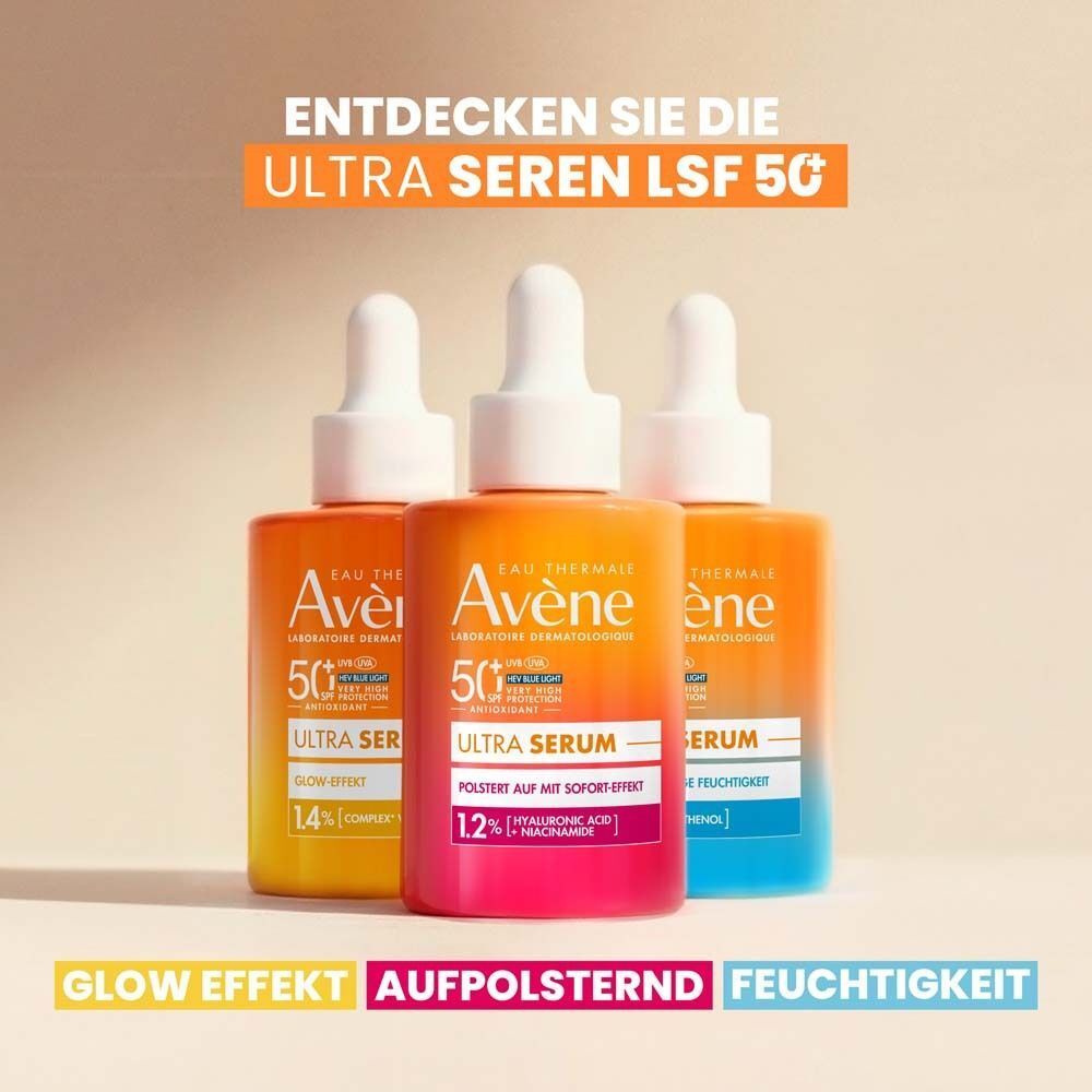 Drei AVENE Ultra Serum SPF 50+ Flaschen. Text: Entdecken Sie die Ultra Seren LSF 50.