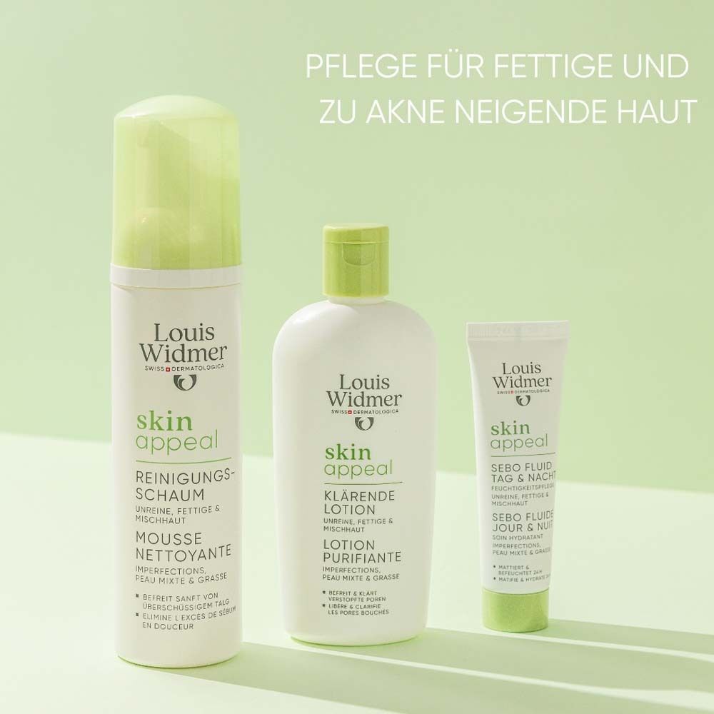 Drei Produkte: Reinigungsschaum, klärende Lotion und Sebo Fluid. Aufschrift: Skin Appeal. Marke: Louis Widmer.