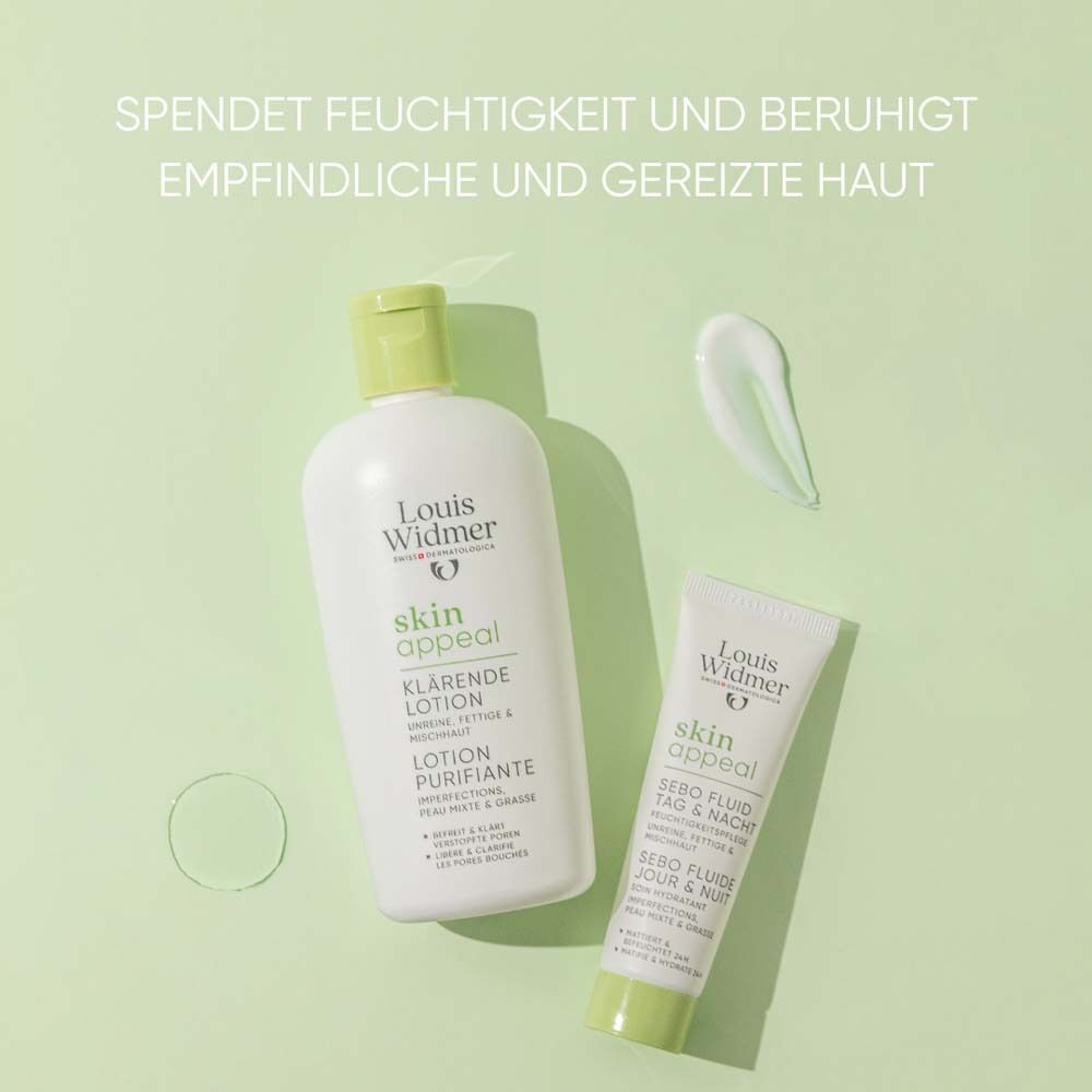 Flasche und Tube Skin Appeal. Aufschrift: klärende Lotion und Sebo Fluid. Marke: Louis Widmer. Grünliche Flüssigkeit.