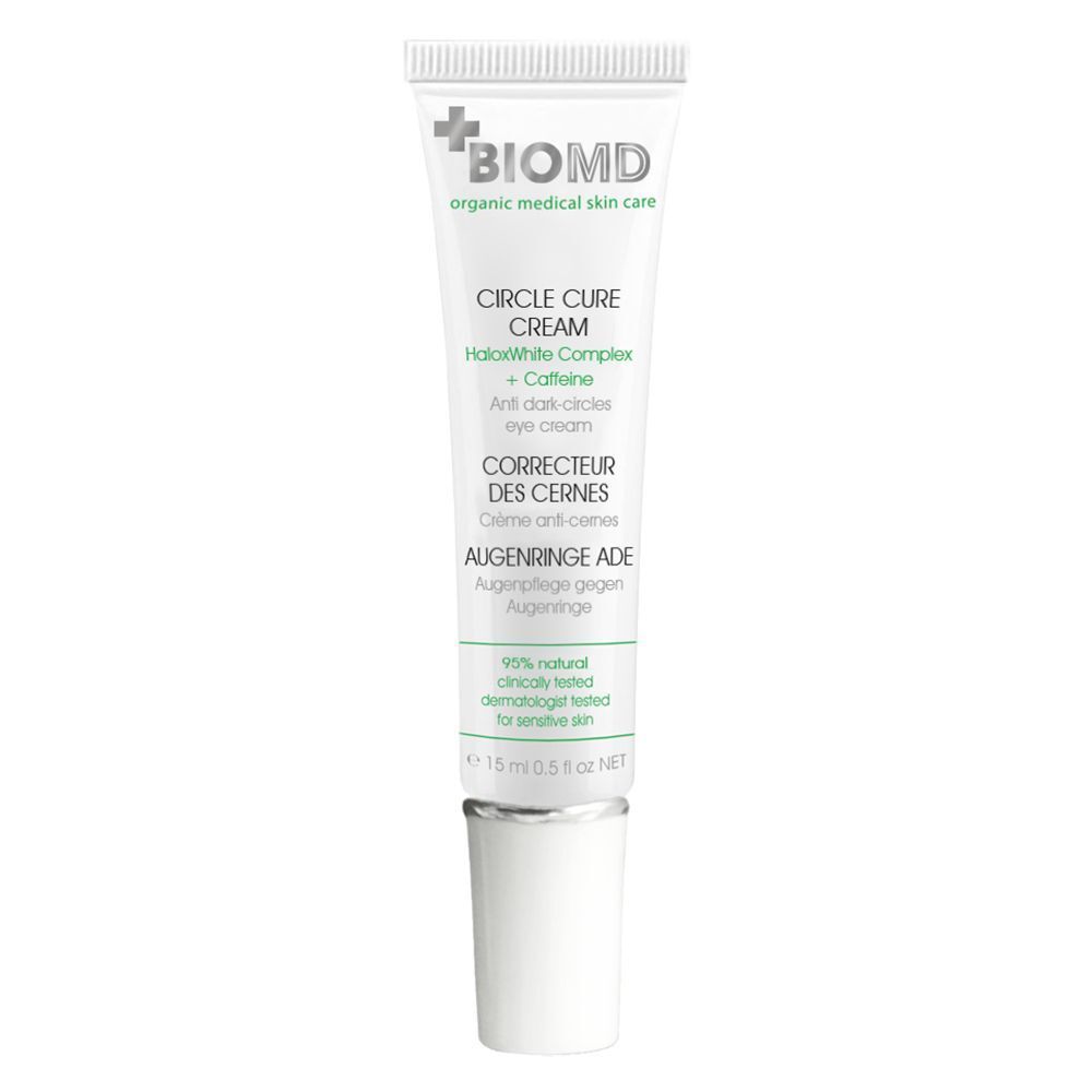 Weiße Tube mit BIOMD-Logo und Produktbezeichnung. Text: Circle Cure Cream, Augenringe Ade, Corrector des cernes. 15 ml.