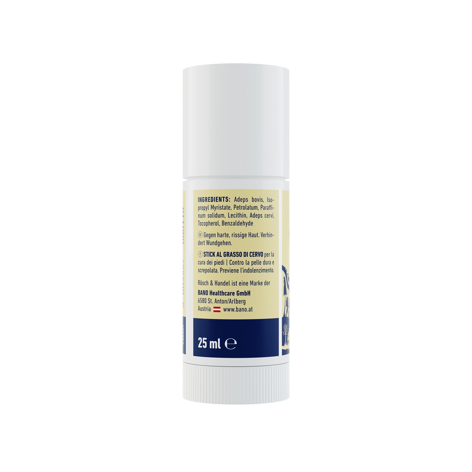 Weißer Stift mit gelbem Etikett. Aufschrift: Hirschtalg Stick. Text mit Inhaltsstoffen und Herstellerinformationen. 25 ml.