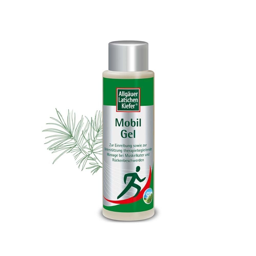Flasche Mobil Gel. Grünes und silbernes Etikett mit Logo und Produktbezeichnung. Abbildung eines Läufers. Kiefernzweig.