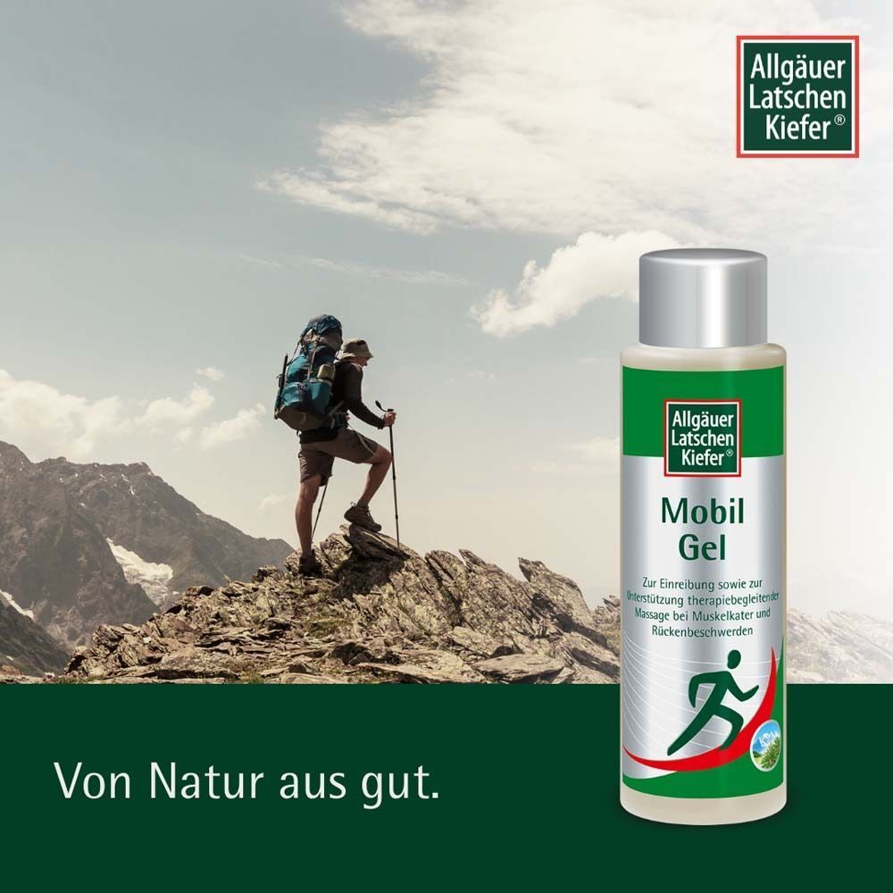 Flasche Mobil Gel vor Berglandschaft. Logo oben rechts. Mann wandert. Text: Von Natur aus gut.
