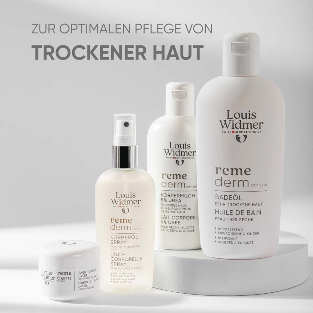Verschiedene Louis Widmer Produkte: Badeöl, Körpermilch, Körpermilch Spray, Tagescreme. Text: Für trockene Haut.