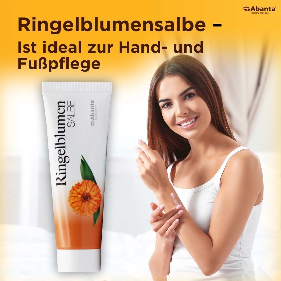Ringelblumensalbe Tube. Frau trägt Salbe auf. Text: Ringelblumensalbe - Ist ideal zur Hand- und Fußpflege.