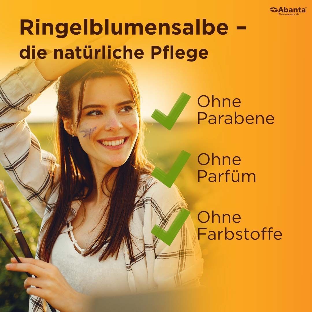 Text auf orangefarbenem Hintergrund: Ringelblumensalbe - die natürliche Pflege.  Häkchen für: Ohne Parabene, Parfum, Farbstoffe.
